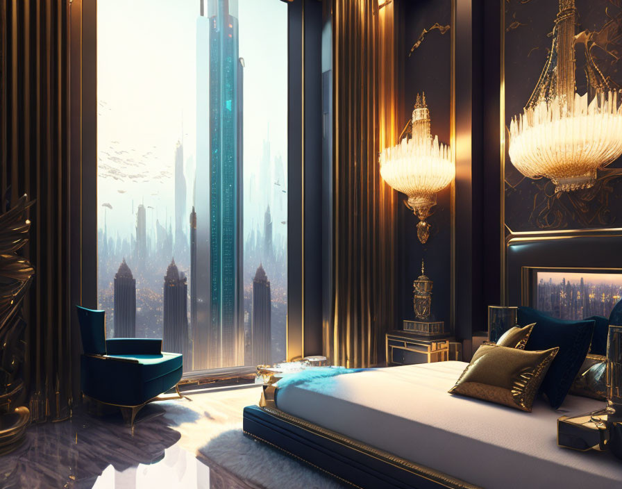 Luxurious Bedroom with Modern Bed, Ornate Chandeliers, and City View