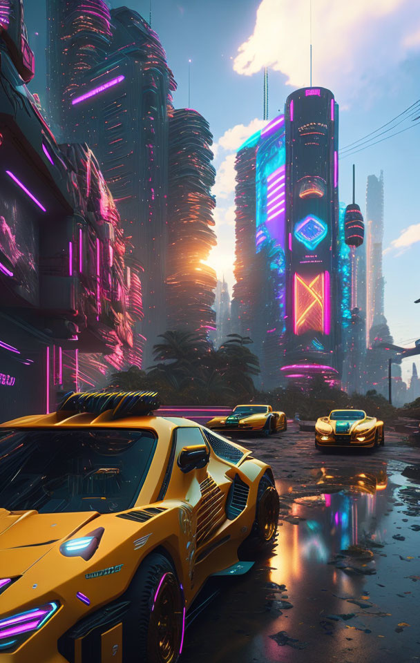 Neon-lit futuristic cityscape with flying cars on wet street