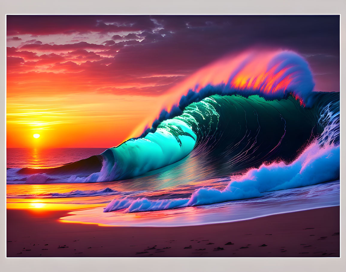 Vibrant ocean wave at sunset with blue and pink hues reflected on the water