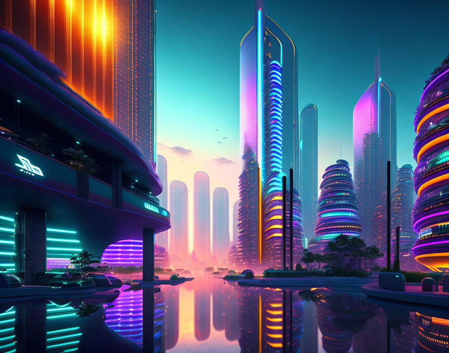 Neon-lit skyscrapers in futuristic cityscape at twilight