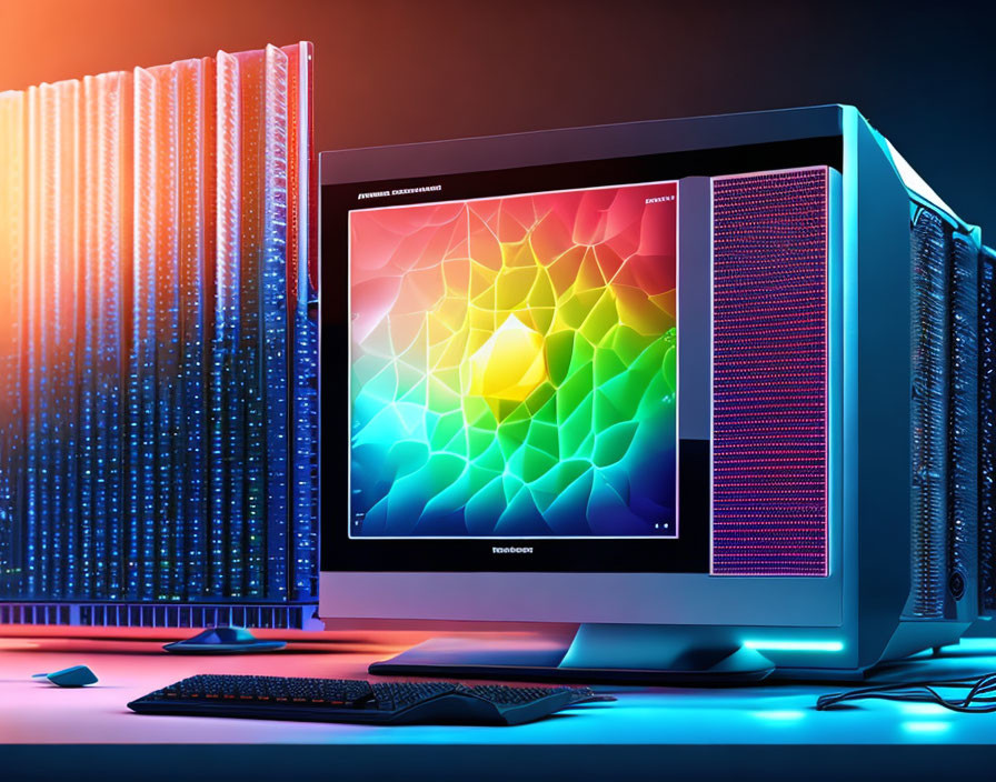 RGB Desktop Computer Setup with Colorful Wallpaper, Backlit Keyboard, and Mouse