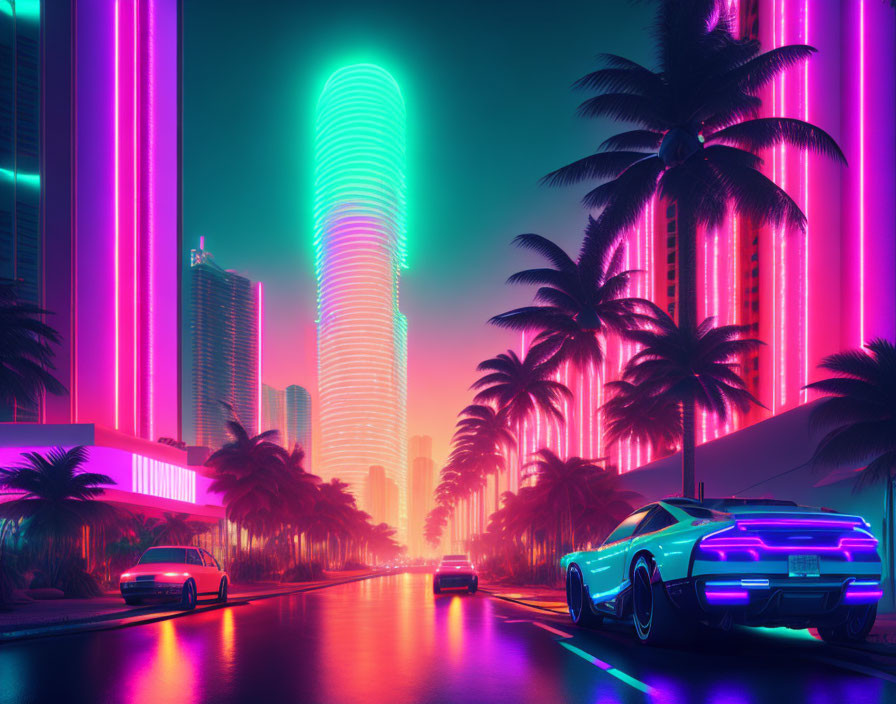 Neon-lit retro-futuristic cityscape at sunset