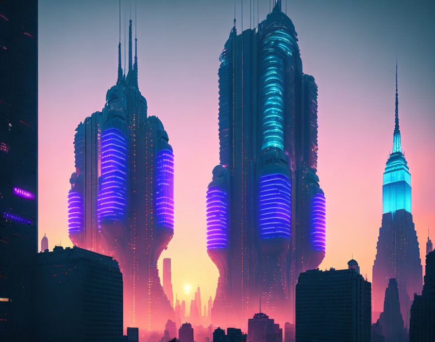 Futuristic cityscape at sunset with glowing skyscrapers