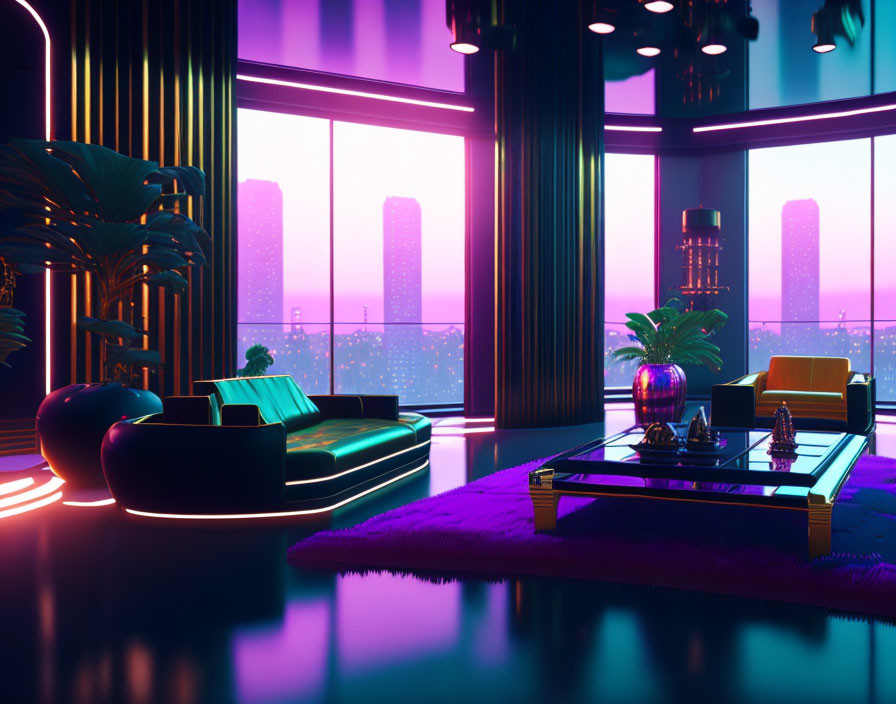 Neon-lit modern living room with cityscape view and sleek furniture