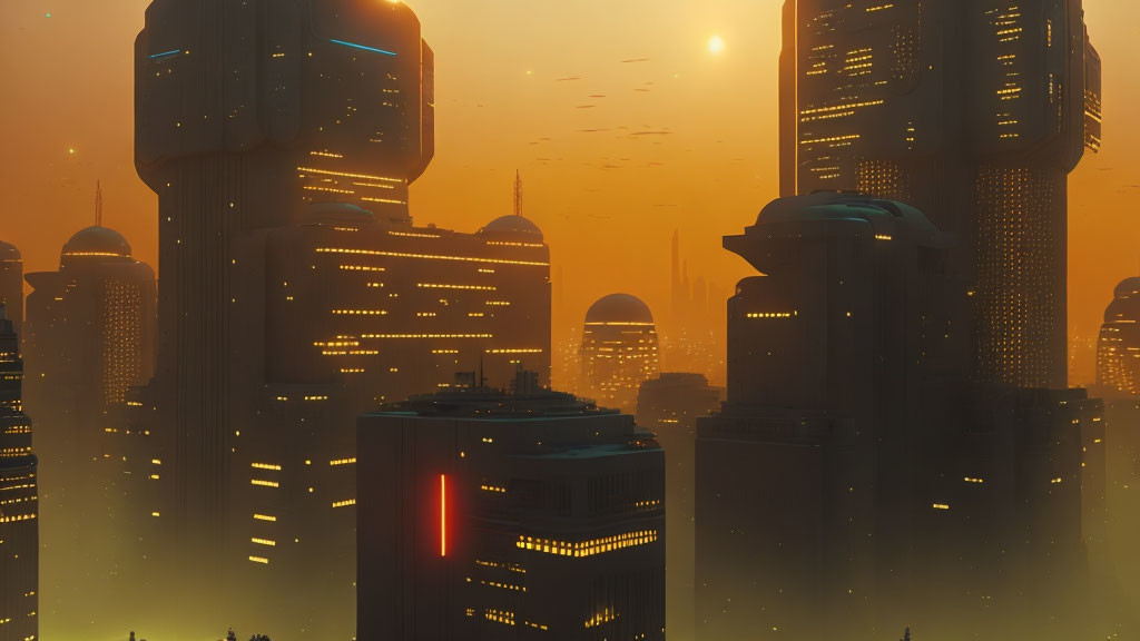 Futuristic cityscape at sunset with towering skyscrapers and yellow lights