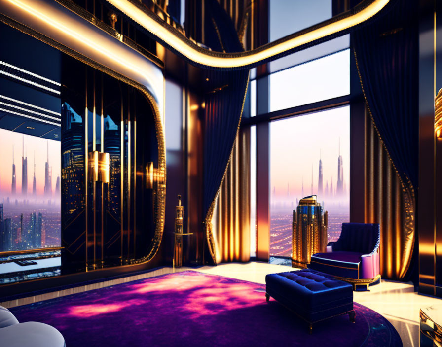 Elegant purple and gold interior with panoramic city view at dusk