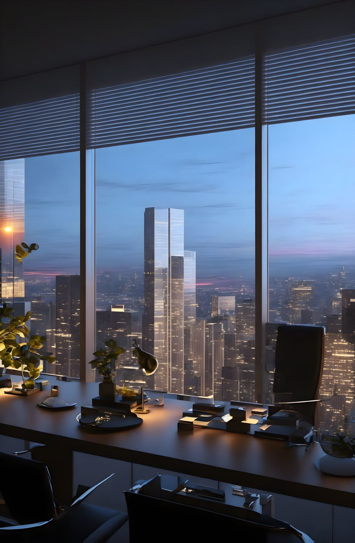 Contemporary office interior with city skyline view at twilight