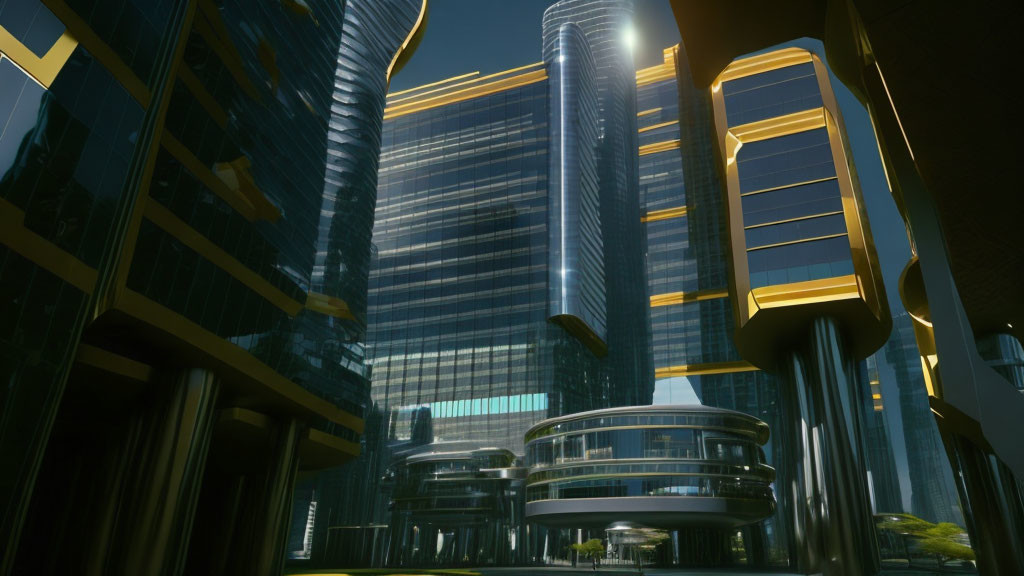 Sleek high-rise futuristic cityscape with metallic and glass buildings in golden sunlight