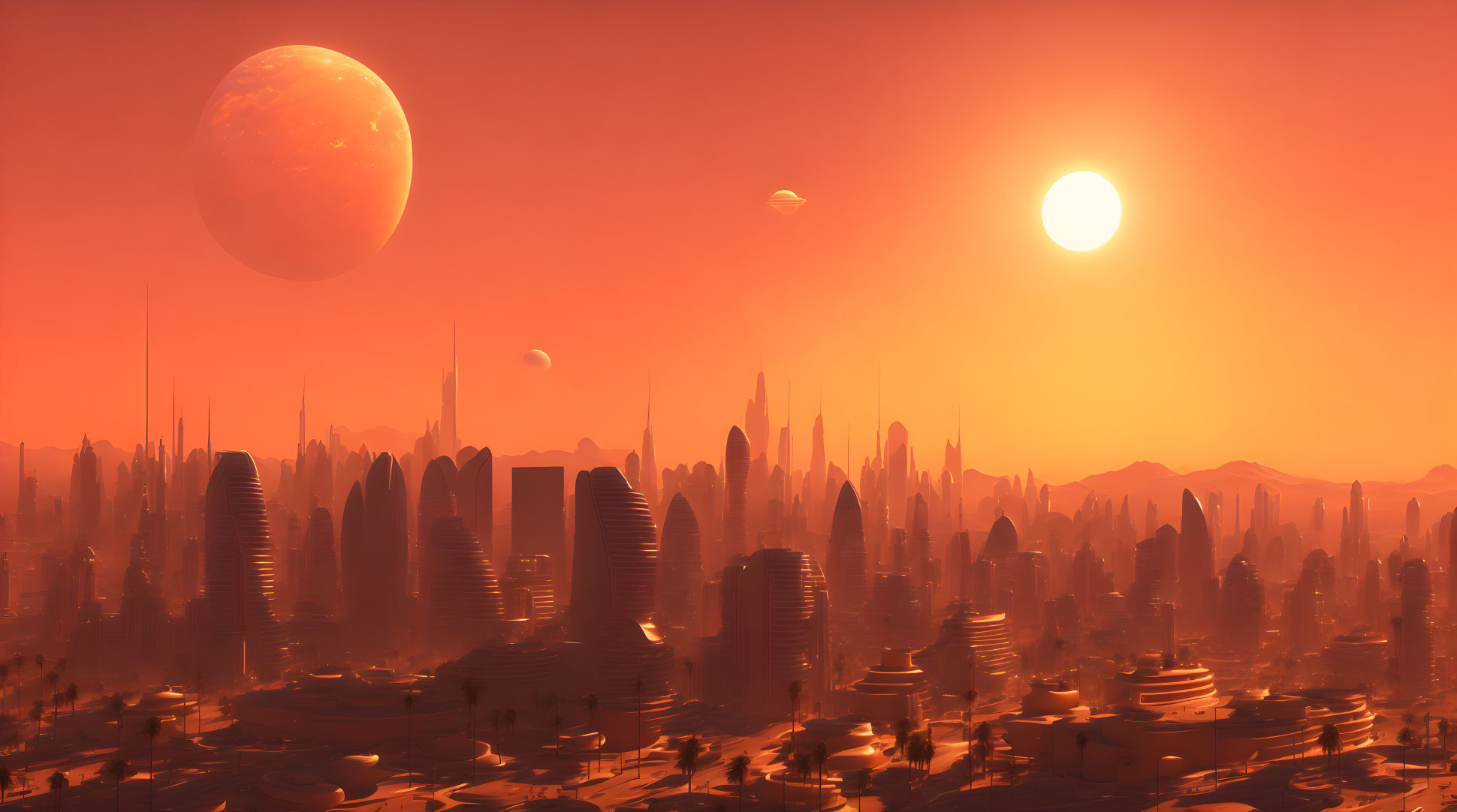 Futuristic cityscape with twin suns and detailed moon