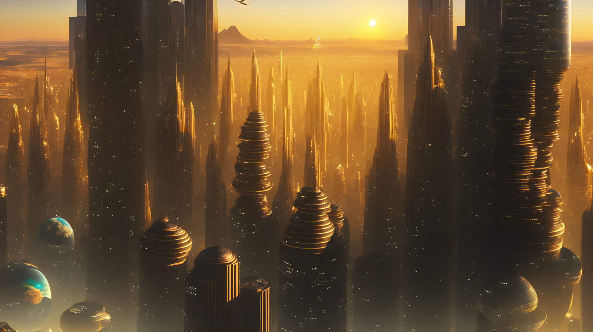 Golden sunlight illuminates futuristic cityscape with skyscrapers and floating orbs at sunrise