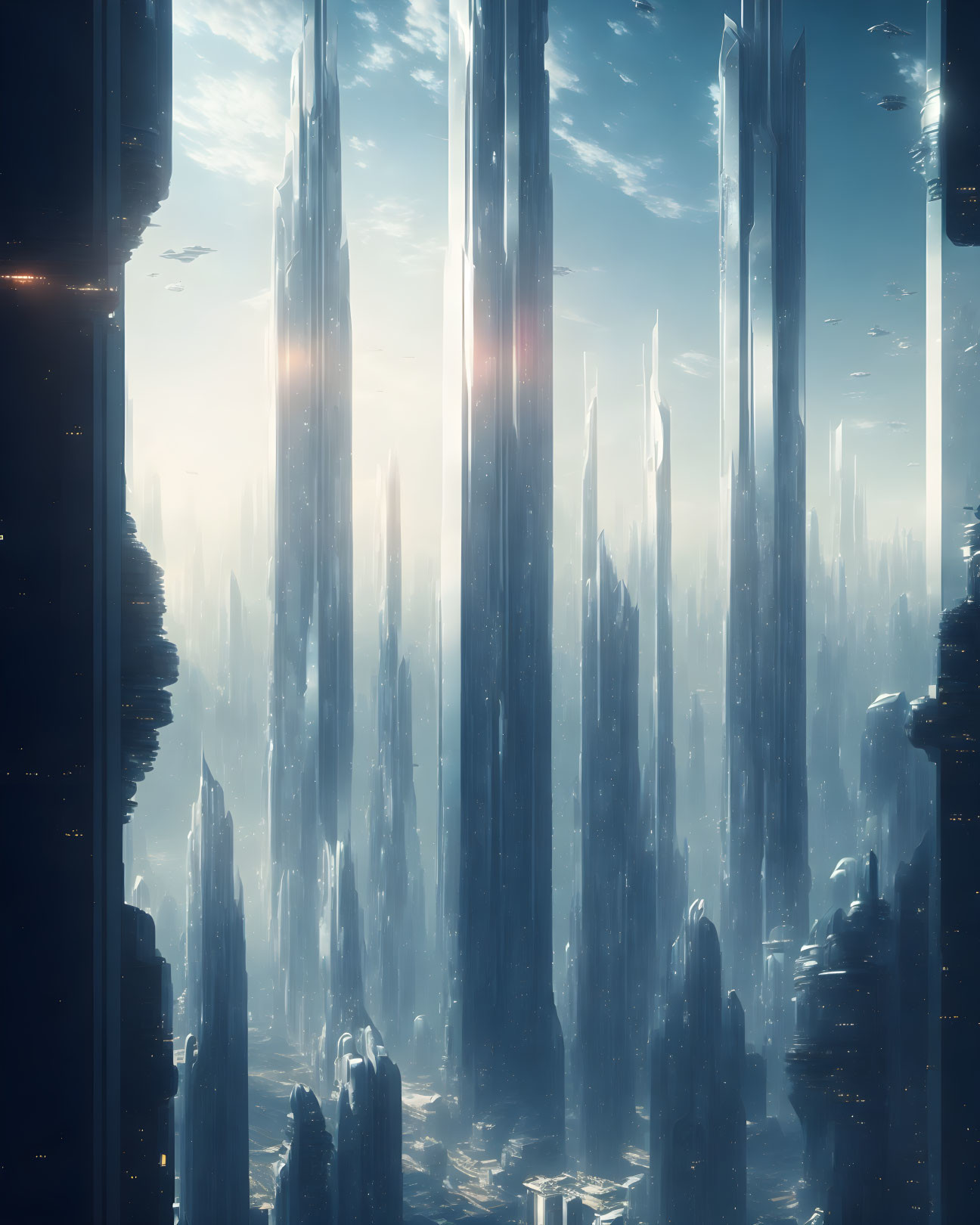 Futuristic cityscape with towering skyscrapers in sunlight