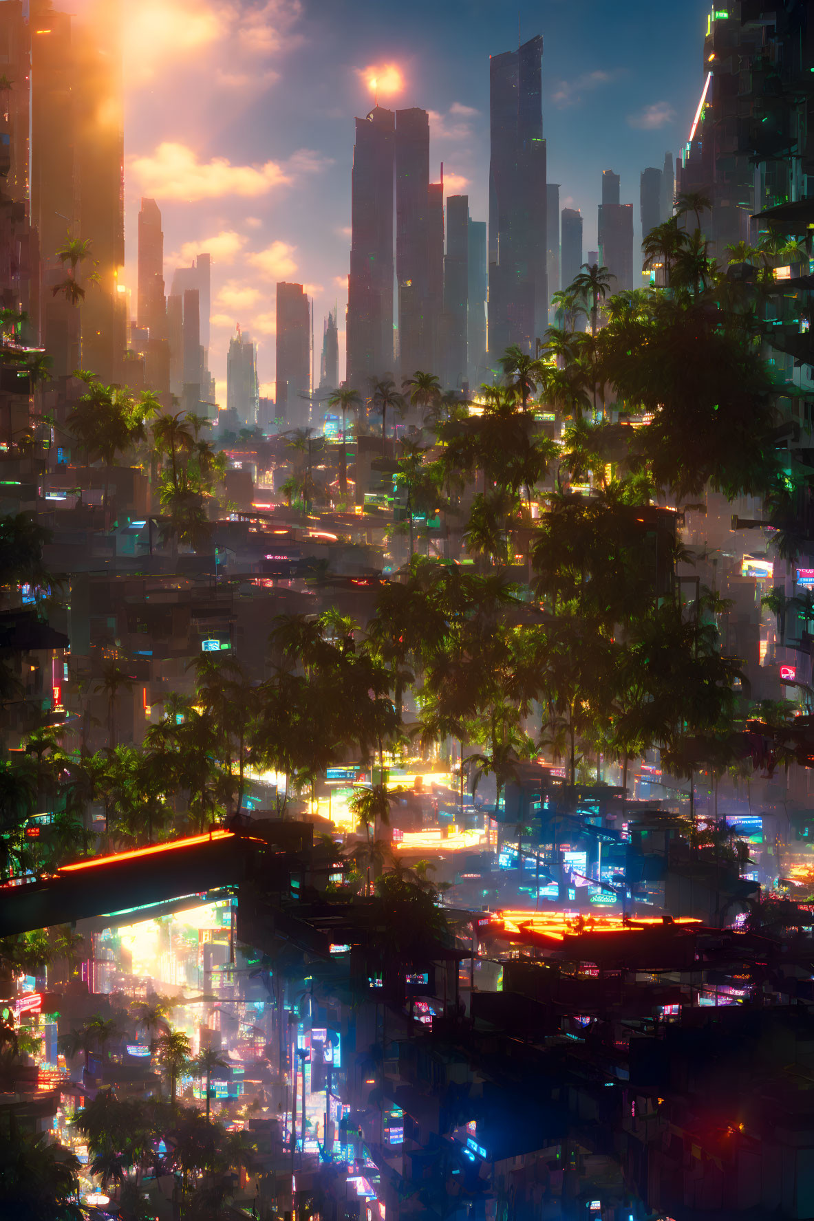 Futuristic cityscape at dusk with neon lights