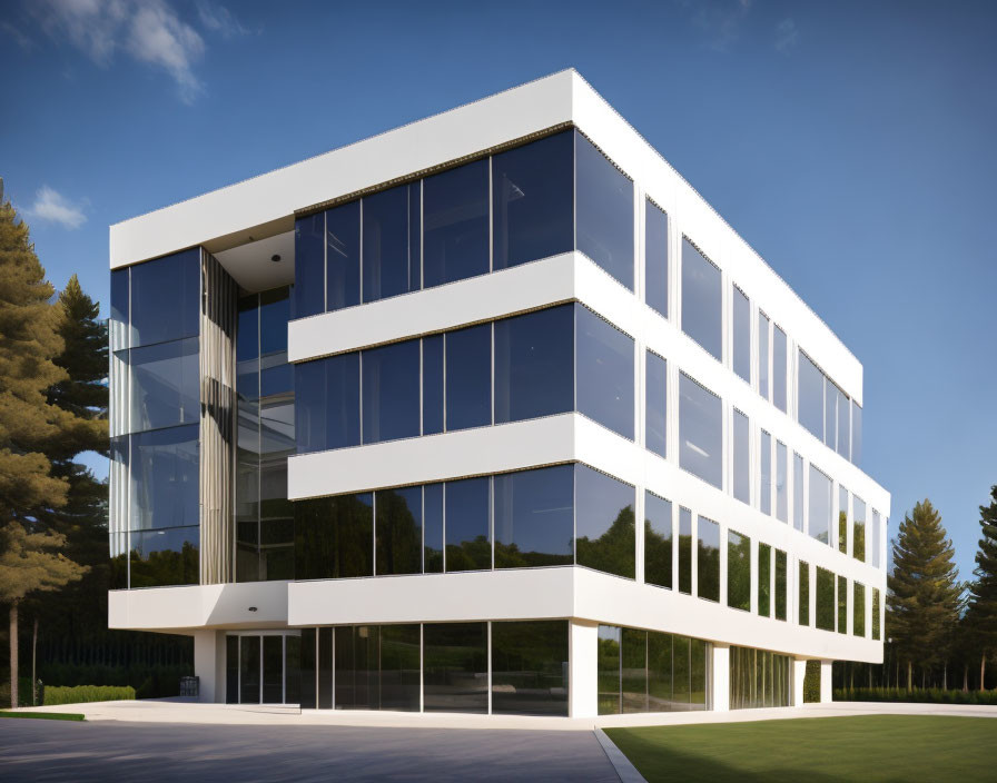 White facade three-story office building with glass windows under blue sky