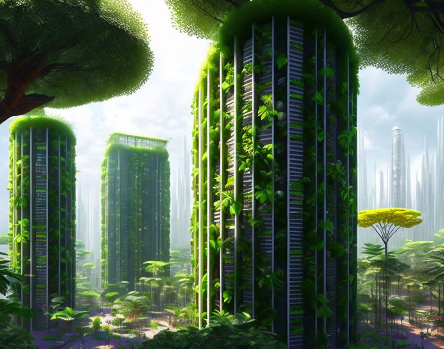 Futuristic high-rise buildings surrounded by lush greenery