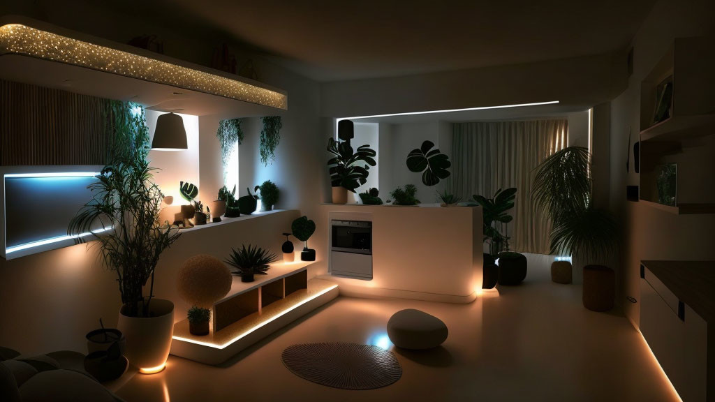 Modern living room with ambient lighting, indoor plants, sleek furniture & minimalistic design