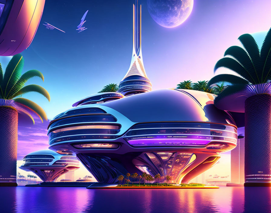 Futuristic cityscape at dusk with sleek buildings and flying vehicles