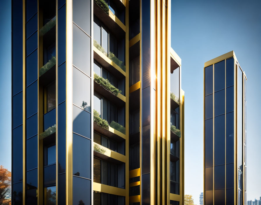 Reflective glass high-rise buildings with golden trim and greenery-adorned balconies under a gle