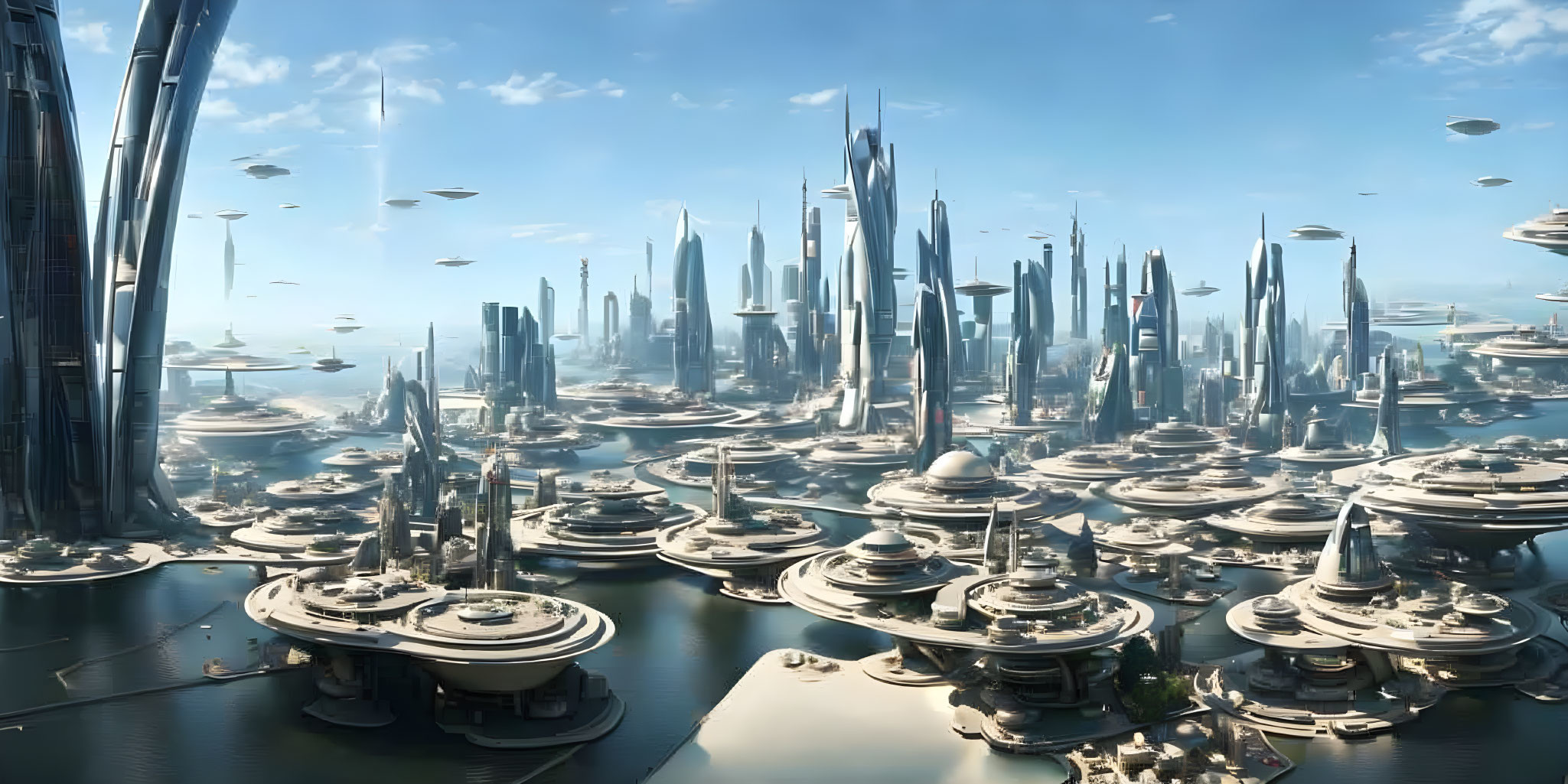 Futuristic cityscape with skyscrapers, water features, and flying vehicles