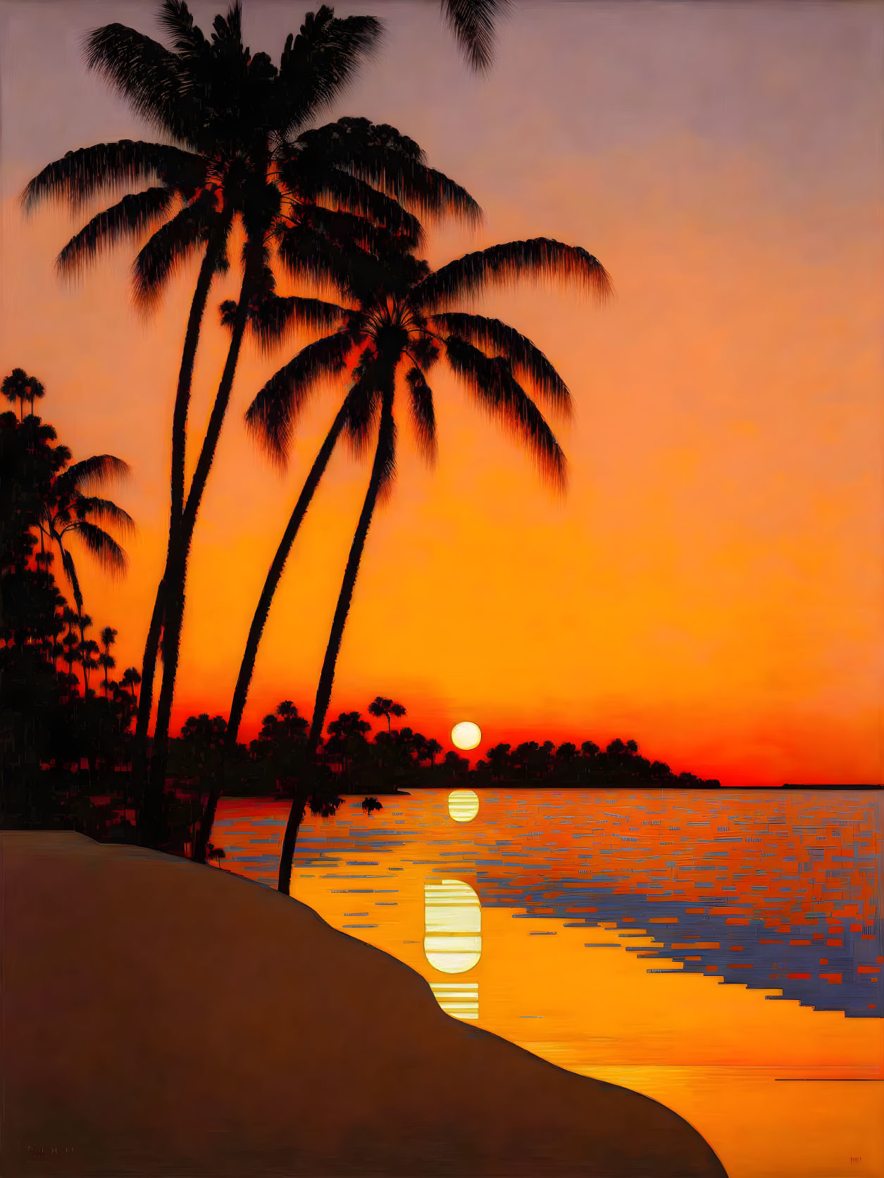 Vivid Orange and Yellow Sunset Over Water with Palm Tree Silhouettes