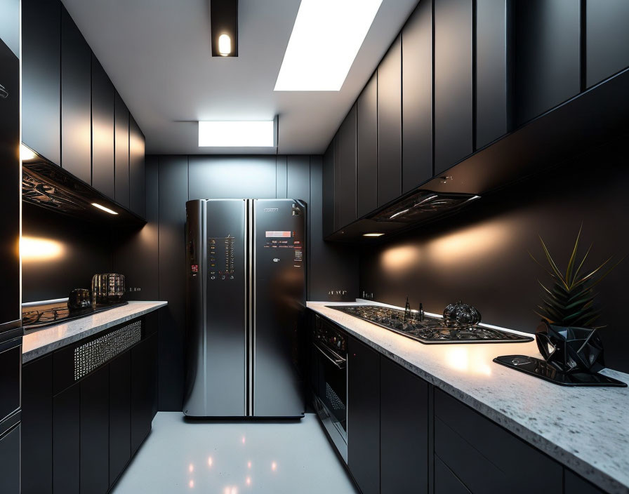 Contemporary Kitchen Design with Black Cabinets and Stainless Steel Appliances