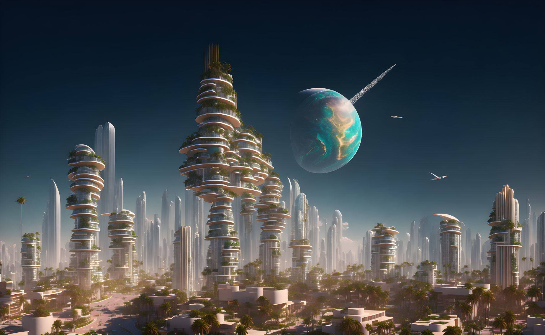 Futuristic cityscape with high-rise buildings, palm trees, and Earth-like planet.