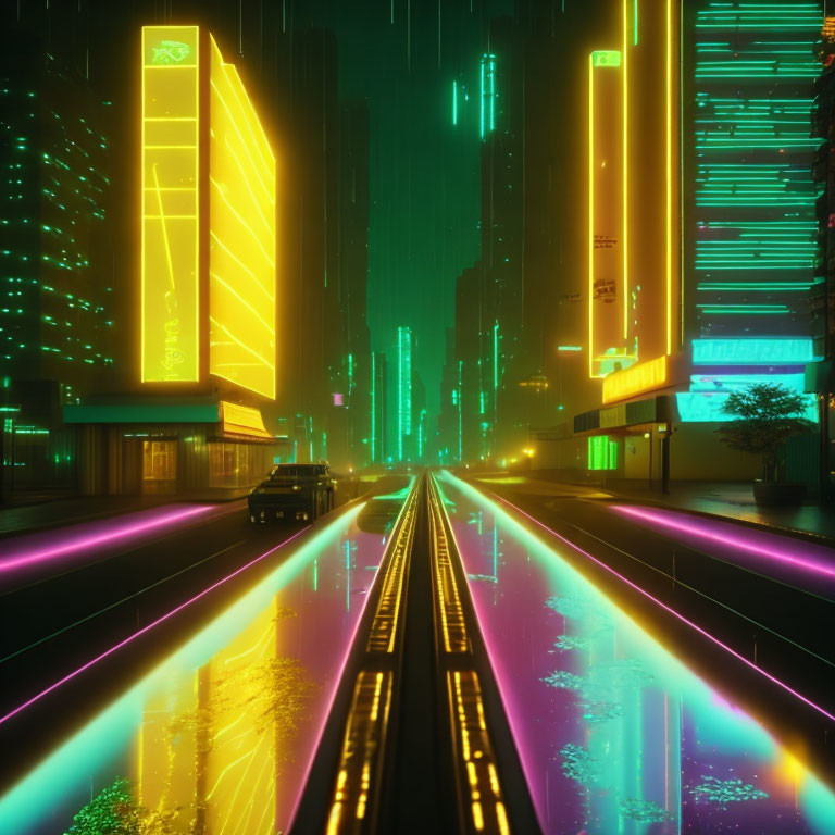 Futuristic neon-lit cityscape with glowing billboards and high-rise buildings at night