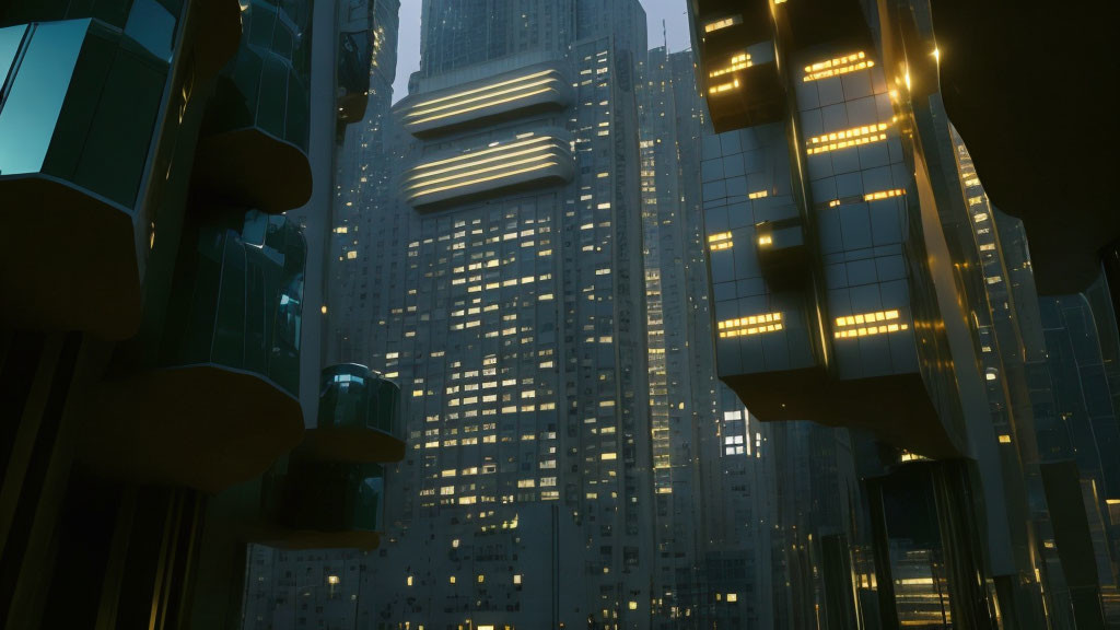 Illuminated futuristic cityscape at dusk