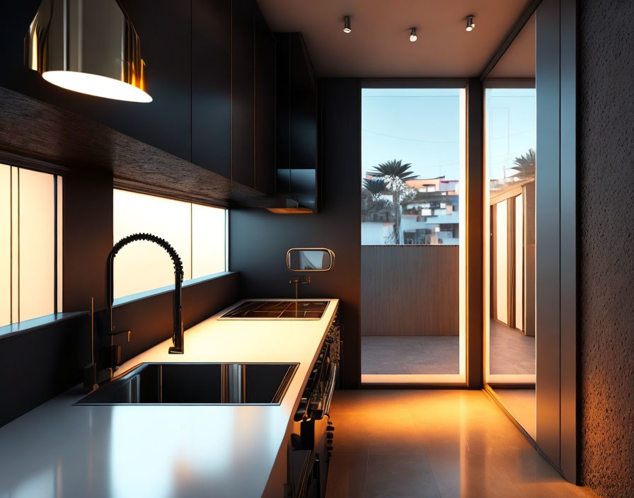 Contemporary Kitchen with Dark Cabinets and Large Sunset Window