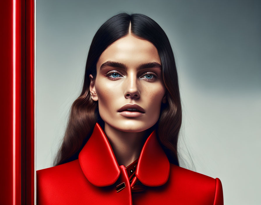 Blue-eyed woman in red high-collar jacket on neutral background