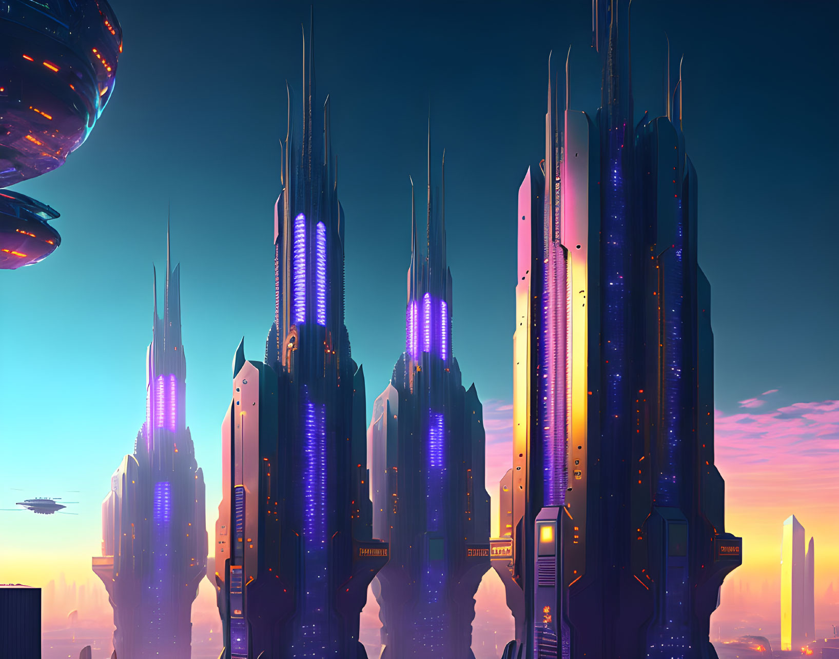 Futuristic cityscape with towering skyscrapers and neon lights at dusk