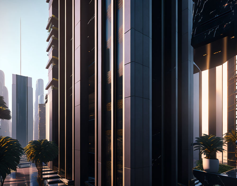 Reflective glass skyscrapers and palm trees in serene cityscape.