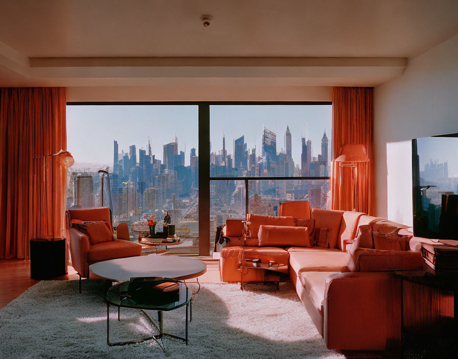 Spacious living room with city skyline view and red furniture