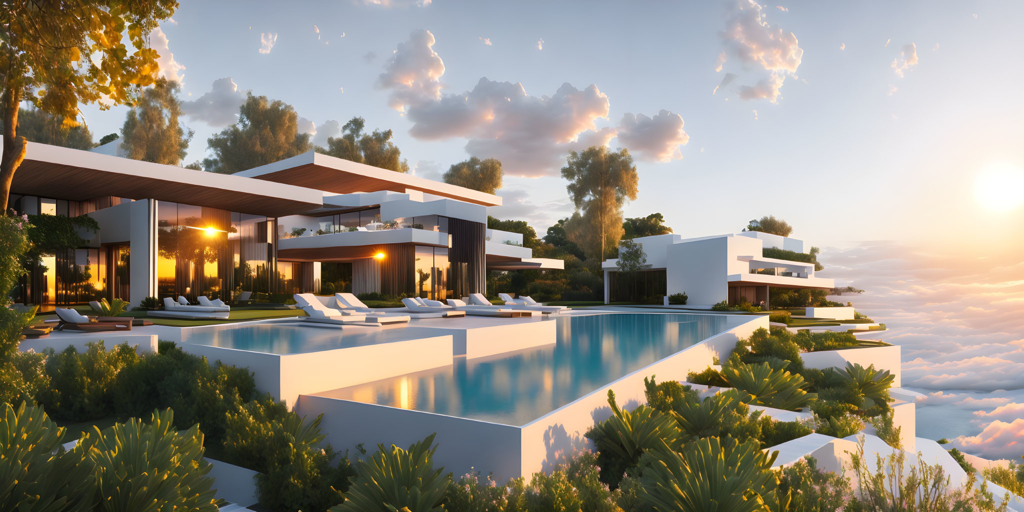 Modern villa with infinity pool & sunset view amidst nature