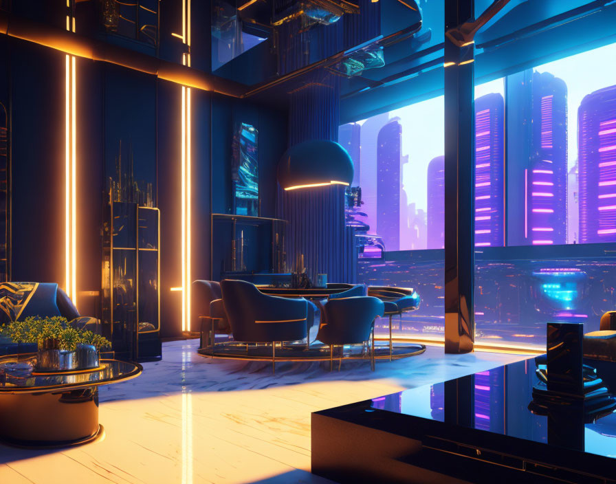 Neon-lit futuristic lounge with modern furniture & city view