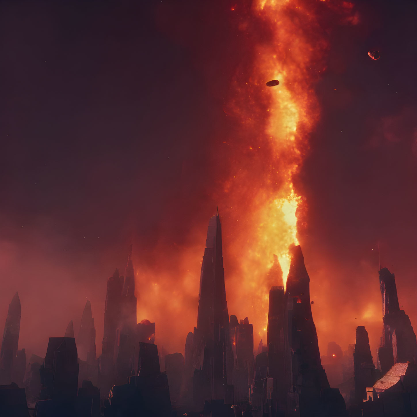 Dystopian cityscape with dark buildings, explosion, and fiery sky