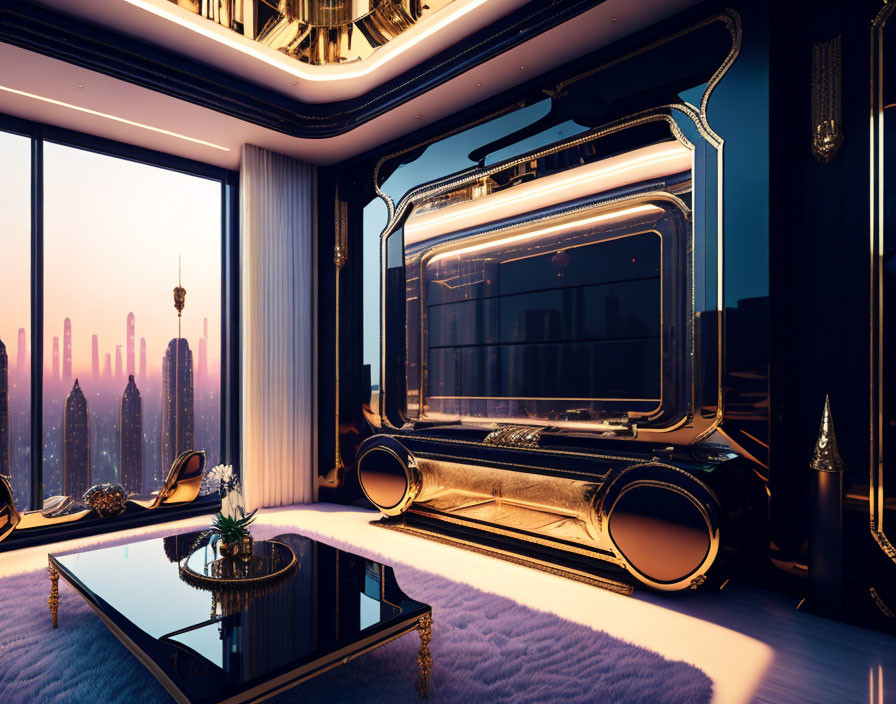 Luxurious futuristic interior with city skyline view and opulent blue and gold decor