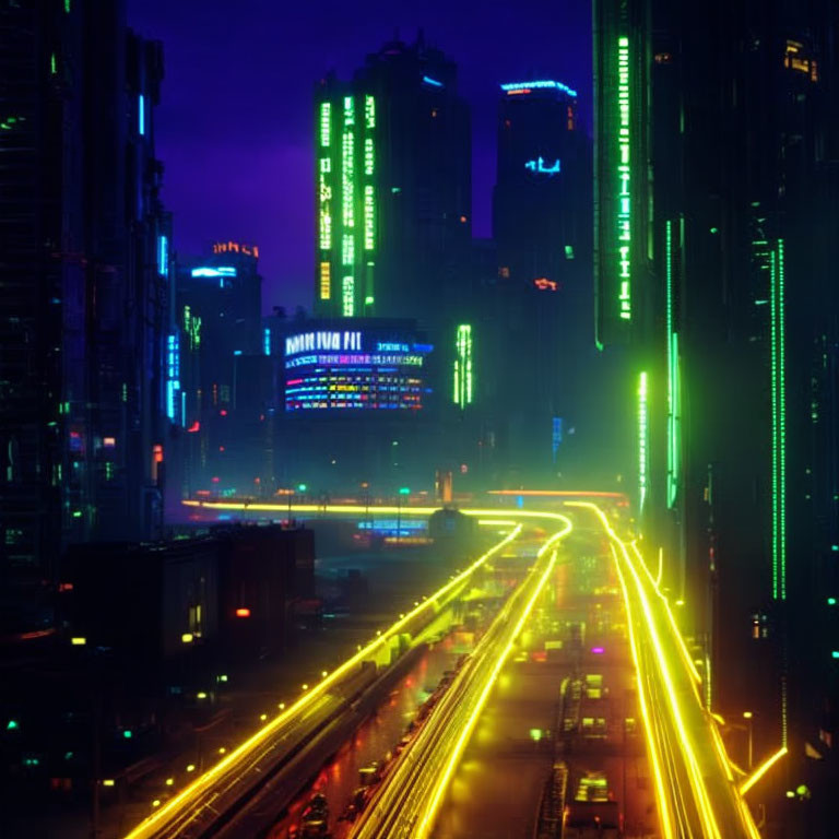 Vibrant neon-lit cityscape with glowing vehicle light trails at night