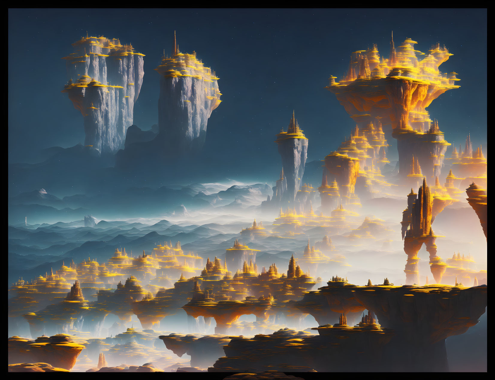 Fantastical landscape with towering rock pillars and golden illumination