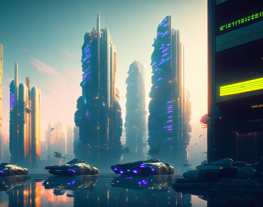 Futuristic cityscape with towering skyscrapers and flying cars at sunrise