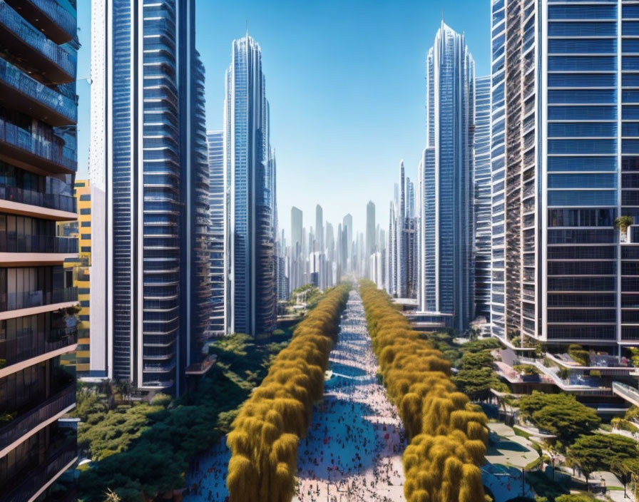 Cityscape with skyscrapers, tree-lined boulevard, and pedestrians under blue sky