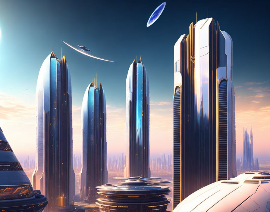 Futuristic cityscape with towering skyscrapers and flying vehicles under a warm sky