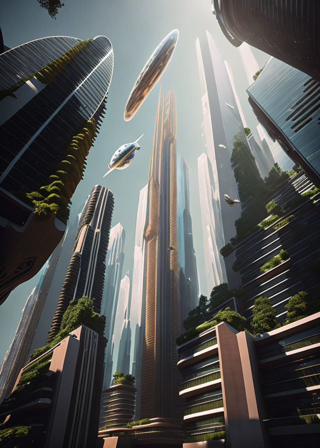 Futuristic cityscape with skyscrapers, gardens, and flying vehicles