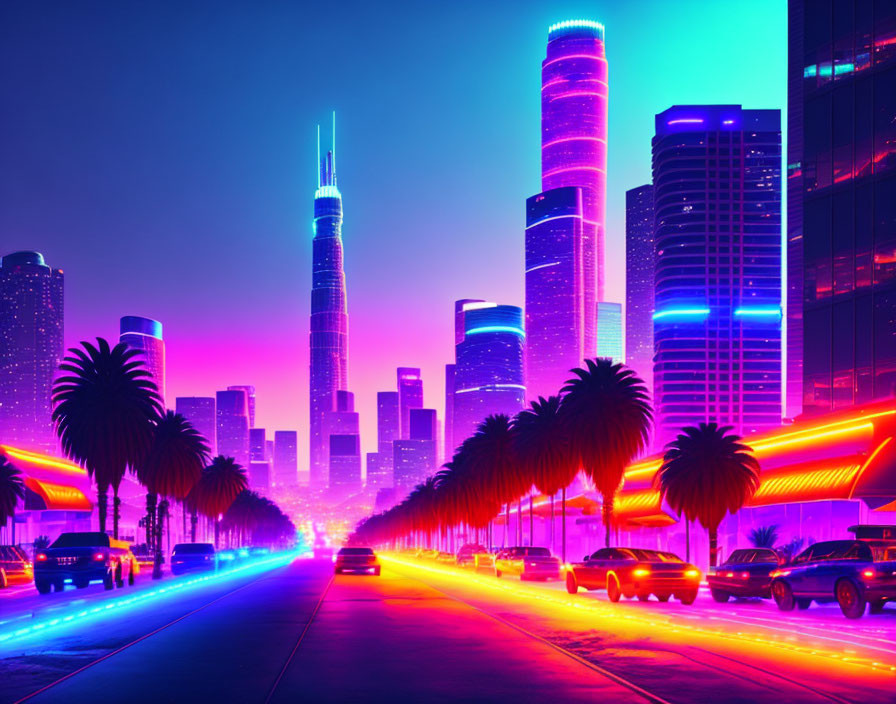 Futuristic cityscape at twilight with neon lights and skyscrapers