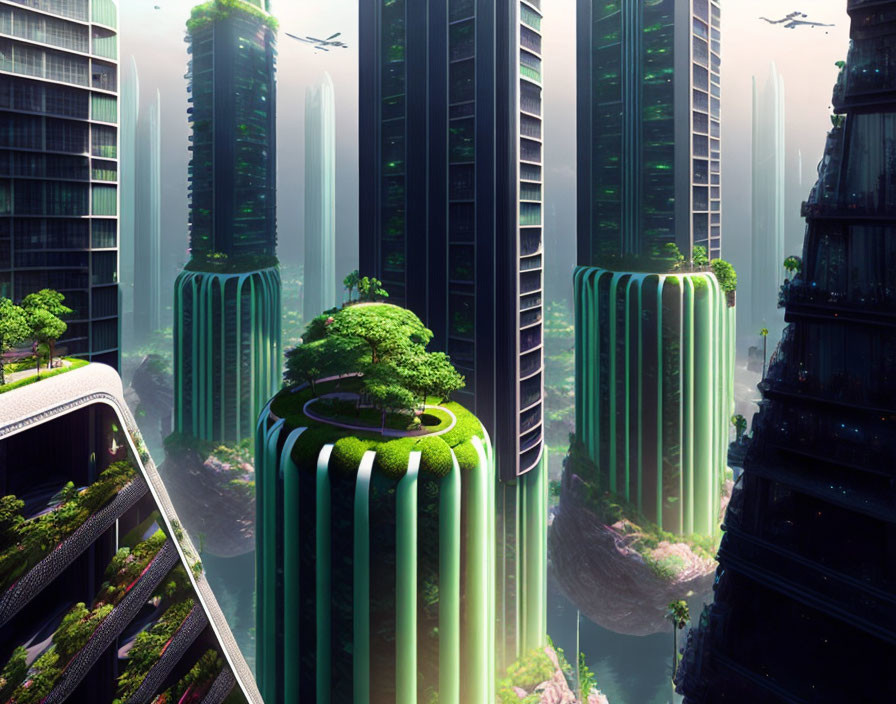 Verdant skyscrapers and suspended roads in misty cityscape