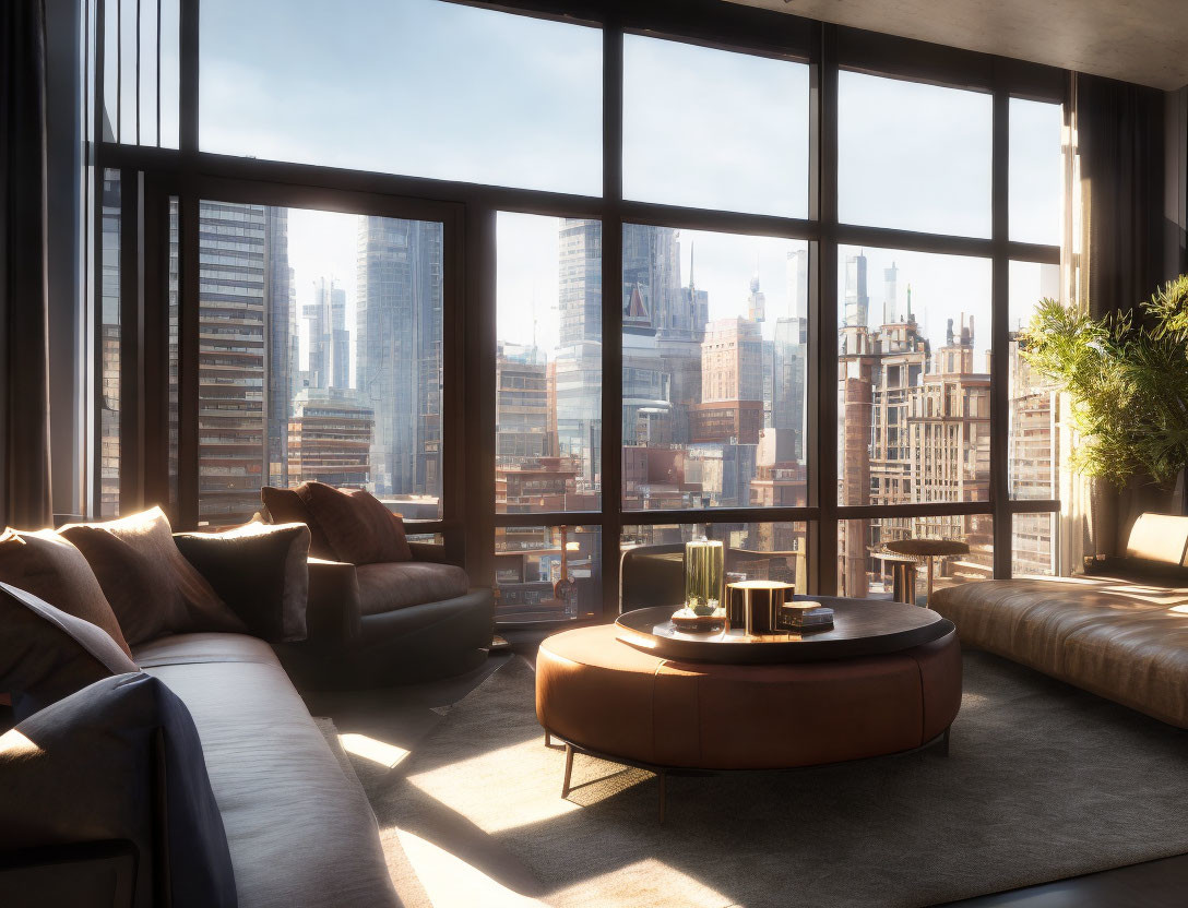 Spacious living room with cityscape view and modern furniture