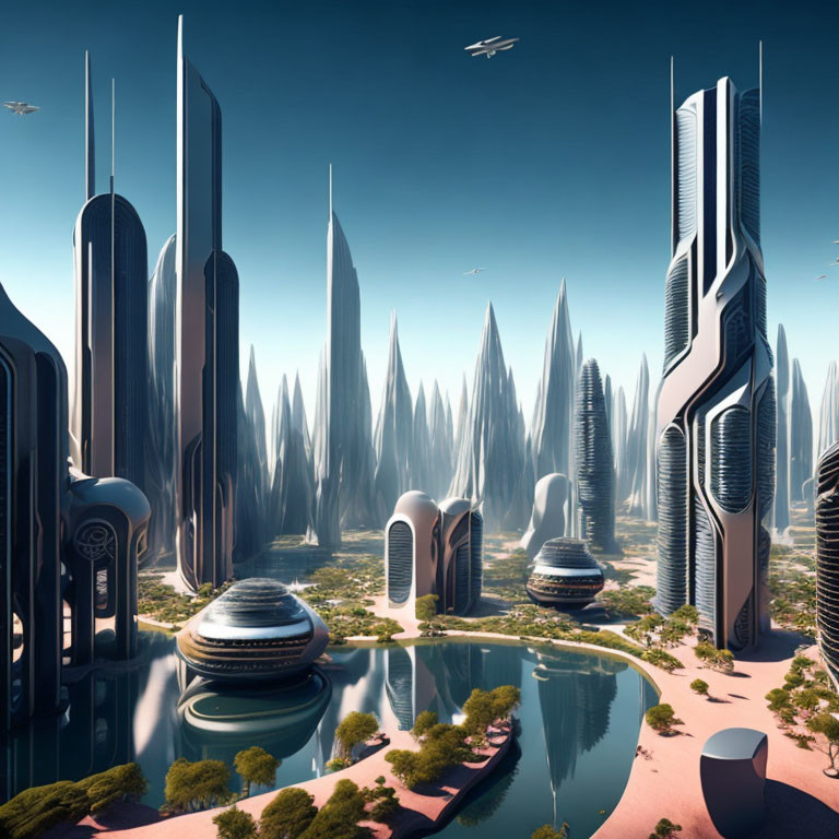 Sleek skyscrapers in futuristic cityscape with flying vehicles and serene water body