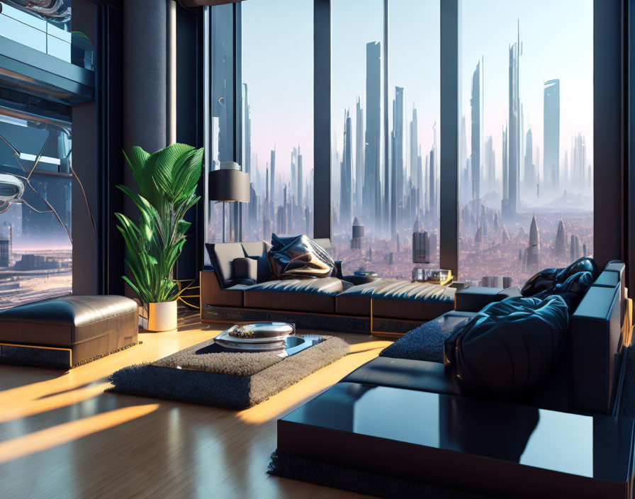 Contemporary interior with futuristic city view, sleek furniture, plants, and sunlight