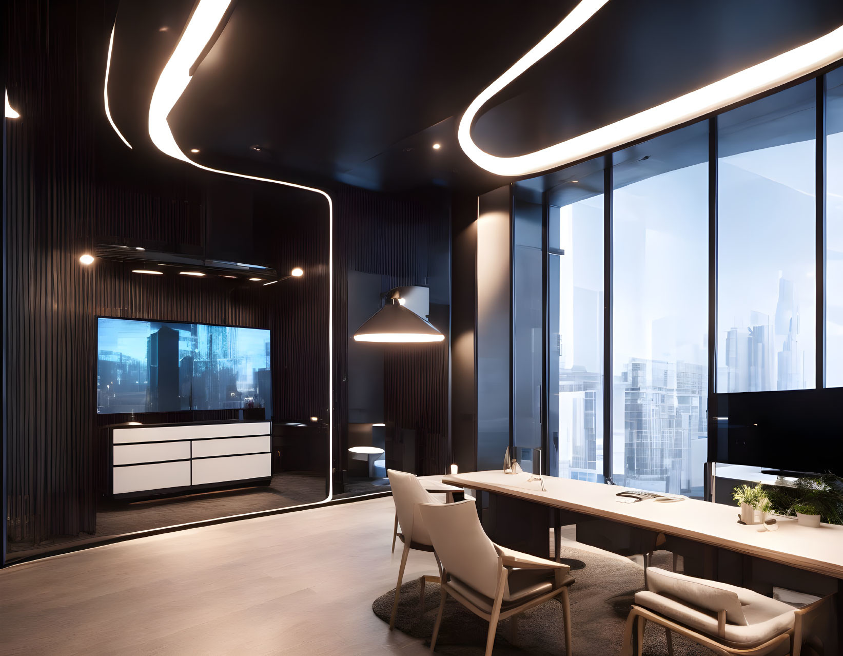 Sleek Furniture and Panoramic City View in Modern Office