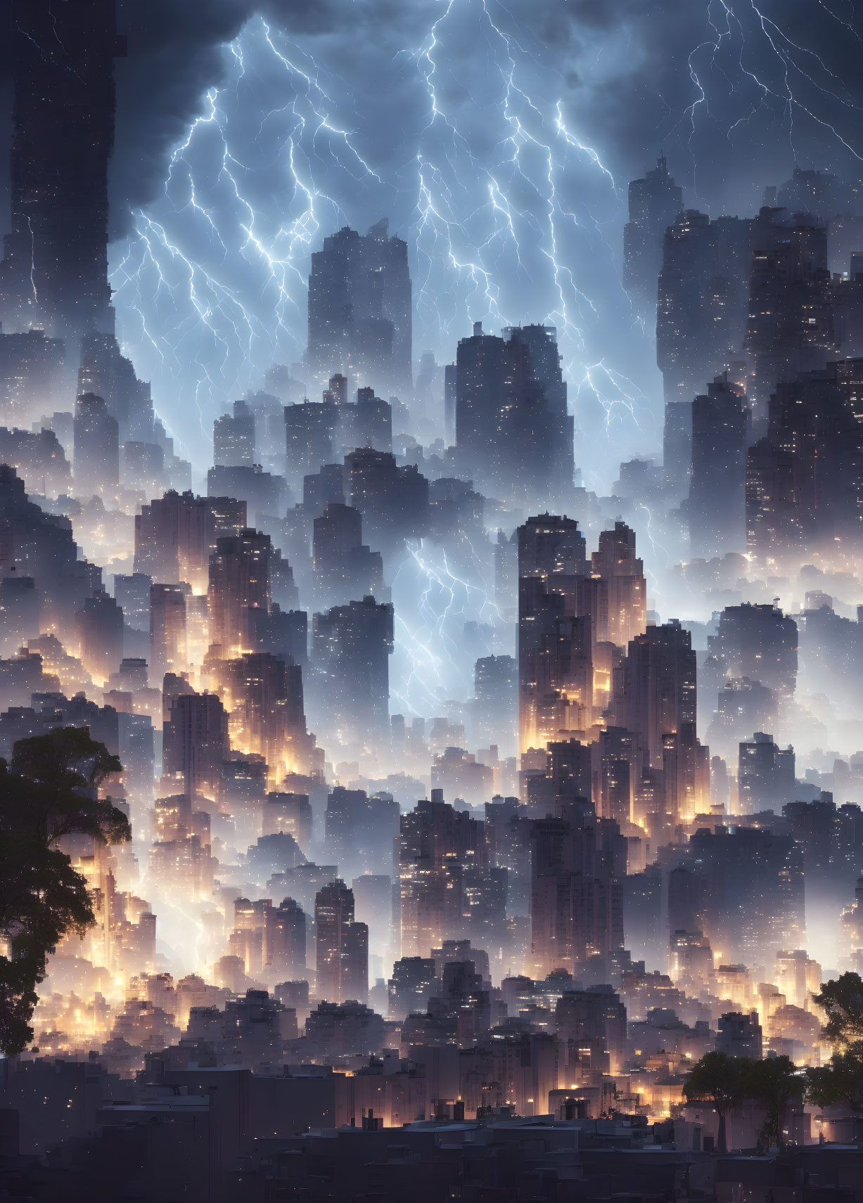 Surreal cityscape with misty skyscrapers and lightning strikes