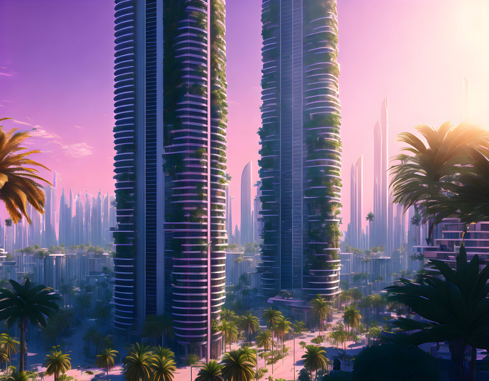 Futuristic cityscape at sunset with skyscrapers and palm trees